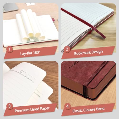A5 Blooming Flower Leather Journal, 300 Pages Lined Notebook, Red Vintage Pattern Hardcover Notebook for Travel Diary, Business, Work and School Daily Writing - style: Flower