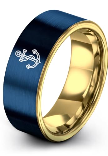 Gift for Nautical Fan - Anchor With Rope Ring - Men Women - Tungsten - Flat Dome Bevel - Band - Yellow Gold Black Silver Blue - Anniversary Wedding - 8mm - Brushed Polished - Personalized Custom Engra - color: 14 - Yellow Gold Blue Tungsten