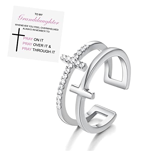 Harlermoon To My Daughter Pray Through It Cross Ring Double Cross Adjustable Baptism Gold CZ Diamond Creative Wedding Commitment Ring for Woman - color: silver-to my granddaughter