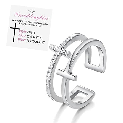 Harlermoon To My Daughter Pray Through It Cross Ring Double Cross Adjustable Baptism Gold CZ Diamond Creative Wedding Commitment Ring for Woman - color: silver-to my granddaughter