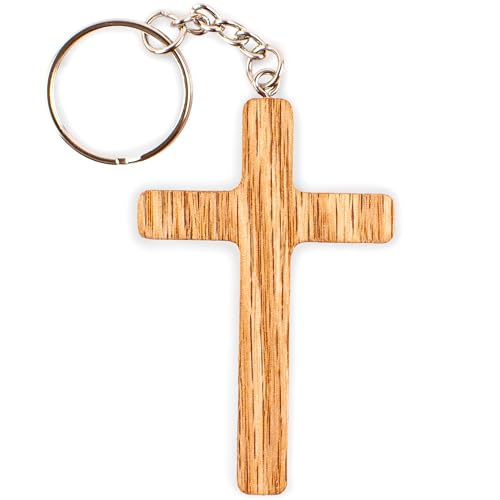 Wooden Cross Keychain, Solid Oak Christian Key Ring, Handmade in USA, Faith Gift for Men and Women, 2.5 x 1.75 x 0.25 Inches, Baptism or Confirmation Gift