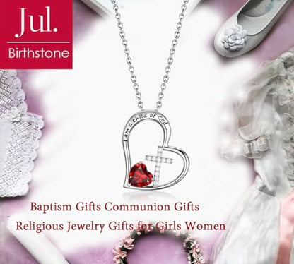 Birthstone Cross Necklace for Girls, Child of God Cross Gifts Jewelry - color: 07. July, style: 01. Silver