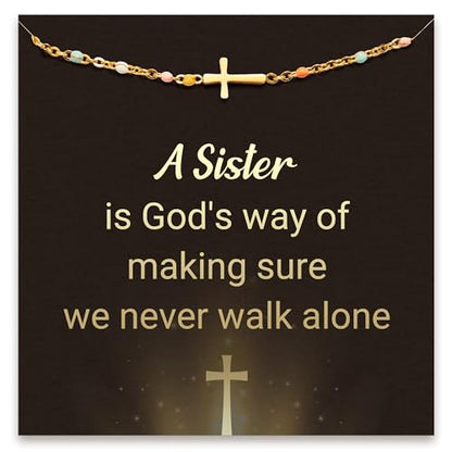 STORYJEWELLERY Christian Gifts for Women, Religious Confirmation and Baptism Gifts, Cross Bracelet for Women, Easter Gift, Encouragement Presents, Christian Jewelry - color: A sister is God's way of making sure we never walk alone