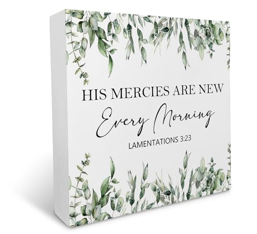 KU-DaYi Christian Wooden Box Sign, Bible Verse His Mercies are New Every Morning Scripture Wood Box Decorations for Church Bedroom Office, Farmhouse Wooden Block Plaque Desk Shelf Decor, 5x5 Inch - color: His Mercies