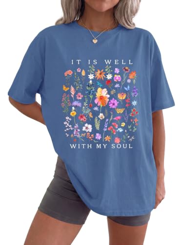 Christian Shirts for Women Oversized Tshirts Vintage Graphic Tees - color: Blue, size: Medium
