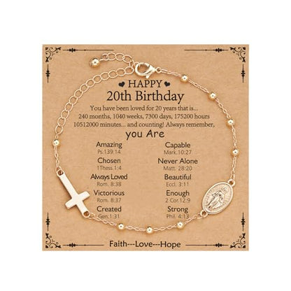 Gnamy Happy 13th 15th 16th 21th 30th 40th 50th Birthday Bracelet Gifts for Women Girls, 14k Gold Plated Virgin Mary Cross Bracelet Catholic Religious Friendship Jewelry for Her - style: 20th Birthday