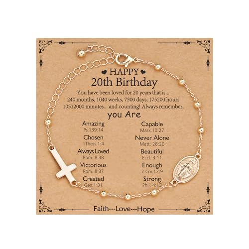 Gnamy Happy 13th 15th 16th 21th 30th 40th 50th Birthday Bracelet Gifts for Women Girls, 14k Gold Plated Virgin Mary Cross Bracelet Catholic Religious Friendship Jewelry for Her - style: 20th Birthday