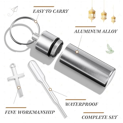 40 Sets Silver Anointing Oil Bottles Keychain Vial Holy Water Container with Dropper Cross Pendant for Baptism Favor