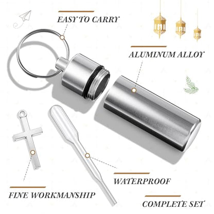 40 Sets Silver Anointing Oil Bottles Keychain Vial Holy Water Container with Dropper Cross Pendant for Baptism Favor