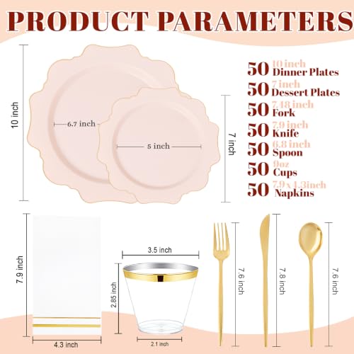 WDF 350Pcs Pink Plastic Plates - Pink and Gold Disposable Plates 50Guest Plastic Dinnerware for Baby Shower/Birthday/Wedding/Fall Party/Thanksgiving/Holidays - color: Pink and Gold, size: 350 pieces