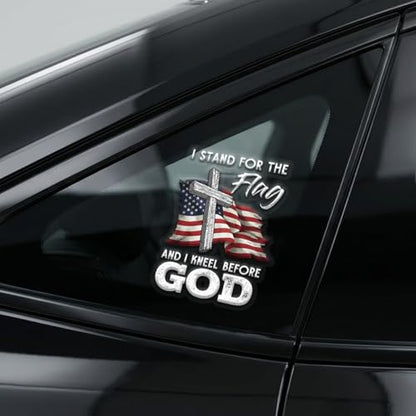 Christian Cross US Flag Car Decal – I Stand for the Flag and Kneel Before God Sticker, Patriotic Religious Vinyl Window Decal for Car Truck SUV Bumper Laptop Mirror, Waterproof – 6.2 x 4.7 Inch