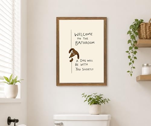Funny Dog Bathroom Wall Art, Framed Canvas Print 16x24 In - color: Cream, Brown, Black, Natural Wood, size: 16"L x 24"W