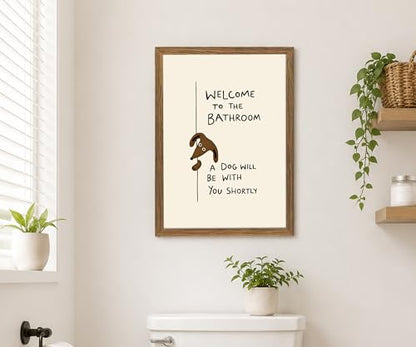 Funny Dog Bathroom Wall Art, Framed Canvas Print 16x24 In - color: Cream, Brown, Black, Natural Wood, size: 16"L x 24"W