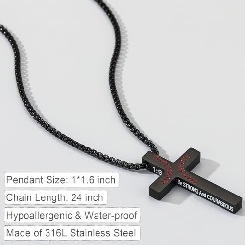 Baseball Bible Verse Cross Necklace for Boys Men, Stainless Steel Cross Pendant Baseball Game Day Christian Religious Jewelry Gifts for Teen Boys Kids - color: Black, style: Joshua 1:9