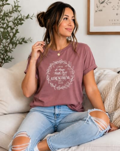 Christian Shirts for Women, Bible Verse Scripture, Jesus Faith Graphic Tee - color: Philippians 4:13 Wreath — Mauve, size: Medium