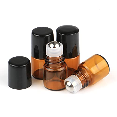 Wresty 25 Pcs Essential Oil Glass Roller Bottles Mini Tiny Refillable Empty Aromatherapy Perfume Liquid Amber Glass Roll On Bottles Vials Metal Rollerball Bottles Jar (1ml)