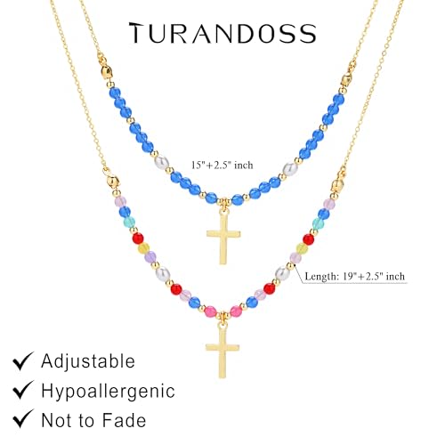 Turandoss Layered Cross Necklaces Stack for Women Girls, Christian Gift - color: Cross-Colorful Beaded