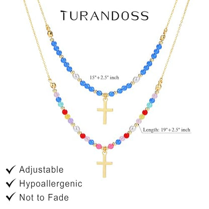 Turandoss Layered Cross Necklaces Stack for Women Girls, Christian Gift - color: Cross-Colorful Beaded