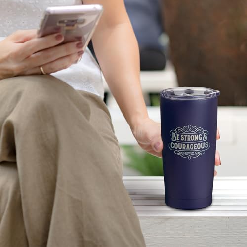Christian Art Gifts Large 18 oz. Stainless Steel Travel Mug Tumbler for Men - color: Navy Blue/Strong & Courageous