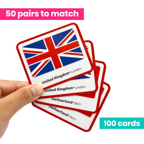 Menique Flags of Europe Memory Matching Game – 100 European Flags Flash Cards (50 Pairs) with Countries & Capitals – Educational Geography Family Game for Kids and Adults - style: Flags of Europe