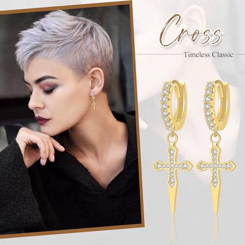 Cupimatch 3-6 Pairs Stainless Steel Cross Dangle Huggie Hinged Hoop Earrings for Men Women (1 Pair Silver Cross) for Mother's Day - color: gold-3pack
