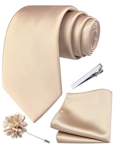 Branduce 3.15"（8cm） Mens Tie and Lapel Pin Solid Necktie Handkerchief Tie Clip Set for Men - color: Champagne