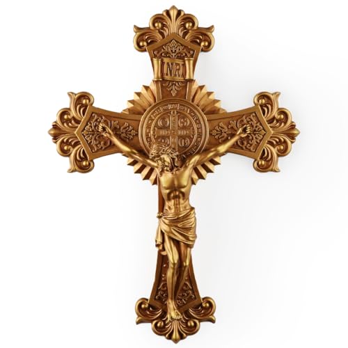 BC Catholic Saint Benedict Crucifix Wall Cross, Jesus Christ Home Decor, Religious Gift of Wedding, Renaissance Sculpture Gold Color Finish, 12"H, Hand Painted by Buildclassic - color: Metal Gold