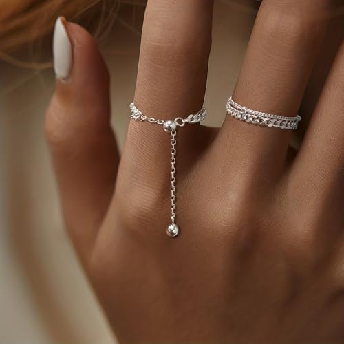 925 Sterling Silver Adjustable Link Chain Rings for Women Daughter - color: Style 3-Silver
