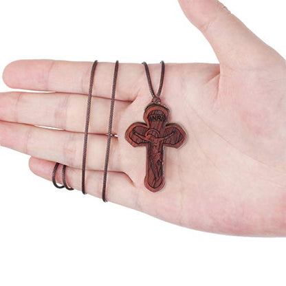 COTTVOTT Wood Orthodox Cross Pendant Necklace Christian Crucifix Necklace Prayer Jesus for Women Men - style: A-Red Color