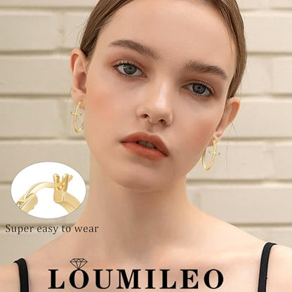 LOUMILEO Sterling Silver Cross Hoop Earrings for Women Rhinestone 20-40MM - color: Gold 40MM