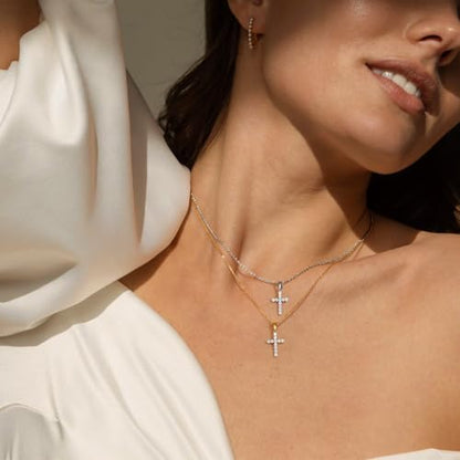LANE WOODS Moissanite Small Cross Necklace for Women: Dainty Tiny 14K Gold Plated Sterling Silver Pendant Simulated Diamond Layered Chain Necklace Minimalism Jewelry - style: 1-Silver