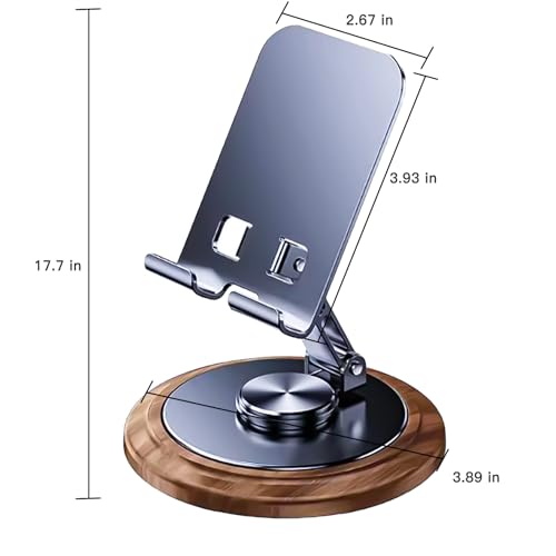 Adjustable Cell Phone Stand,360 Rotating Foldable Desktop Cellphone Stand with Anti-Slip Base Portable Phone Holder for iPhone 16 15 14 13 Pro Max, All Smart Phones, iPad (Wood)