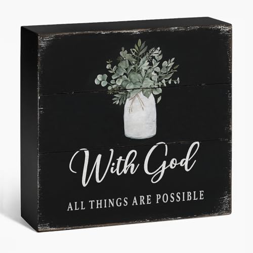 With God All Things Are Possible Wood Box Sign, Black, 5x5 Inch - color: Black-001