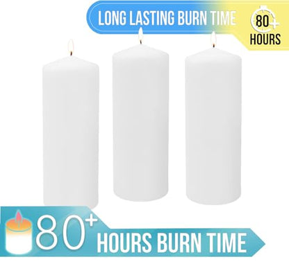 Stonebriar 3 Pack Tall 3 x 8 Inch 80 Hour Long Burning Unscented White Wax Pillar Candles - size: 3 x 8 inches, style: Pack of 3