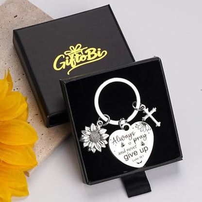 Sunflower Christian Gifts Keychain for Women, Inspirational Bible Verse Keyring, Religious Faith Gift for Birthday Christmas - color: Silver