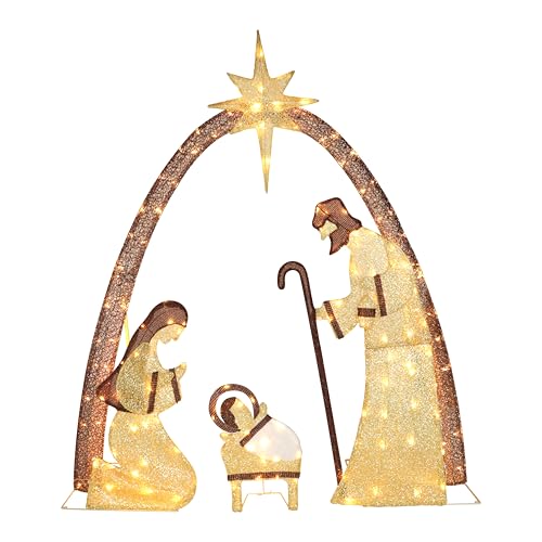 Yardenaler 5FT Lighted Nativity Scene Set with 170 LED Lights for Christmas Decoration, Pre-Lit Iridescent Nativity Scene Xmas Decor, 3D Glittered Standing Holiday Display for Outdoor, Indoor, Golden - color: Golden