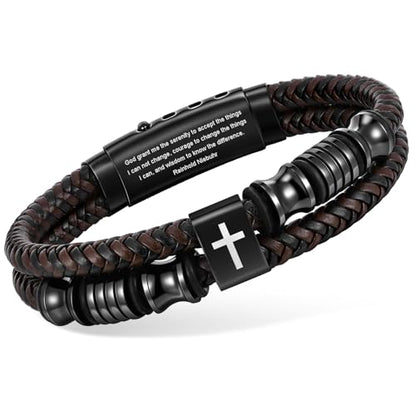 Christian Brown Leather Bracelet for Men - Double-Row Braided Leather Faith Cross Bracelets Bangle Religious Baptism Inspirational Bible Verse Jewelry Gift for Young Men Teenage, Adjustable Wristband - color: Serenity Prayer