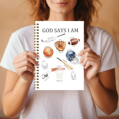 God Says I Am Christian Sports Notebook, Inspirational Bible Journal for Women Men Kids, Golf Football Basketball Baseball Lover Gifts Hardcover Spiral Notebooks Journals, 5.5x8.3 Inch - color: Christian Sports