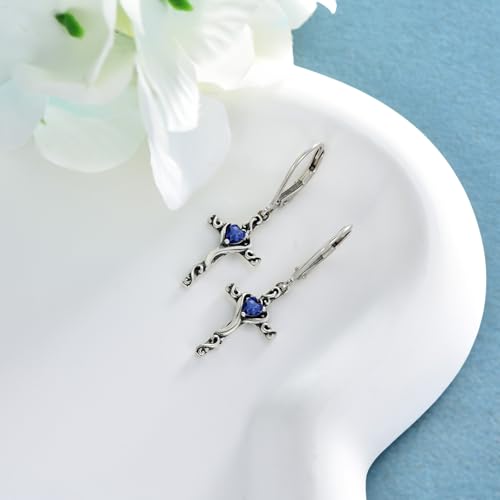 TOUPOP Cross Birthstone Earrings 925 Sterling Silver Heart Cross Dangle Earrings Fine Jewelry Christmas Birthday Gifts for Women Wife Mom Her - color: White Gold-09-September-Sapphire