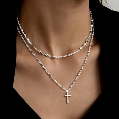 Sterling Silver Plated Cross Necklace 14K Gold Layered Beads Necklace Chain Waterproof Trendy Jewelry for Women - color: Silver