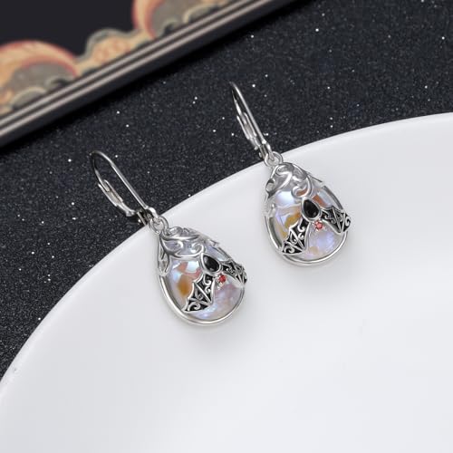 925 Sterling Silver Filigree Dangle Drop Leverback Teardrop Earrings - color: bat moonstone