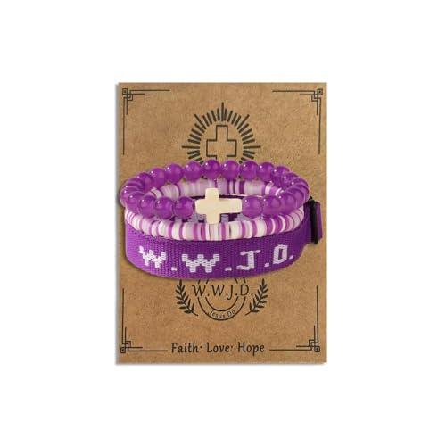 WWJD Bracelets Set WWJD Wristbands Christian Cross Bracelet Stackable Clay Bead Bracelets Stretch Glass Beaded Inspirational Christian Jewelry Gift for Couples Women Men - color: 3PCS Purple