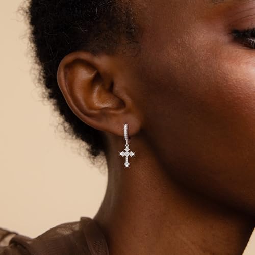 Gold Hoop Earrings For Women Men-Silver Dangle Drop Earrings,Hypoallergenic Huggie Hoop Earrings Trendy-Dainty Diamond Cubic Zirconia Cross Earrings,Simple Christmas Christian Easter Jewelry Gifts - style: Cross Dangle Hoop-Silver