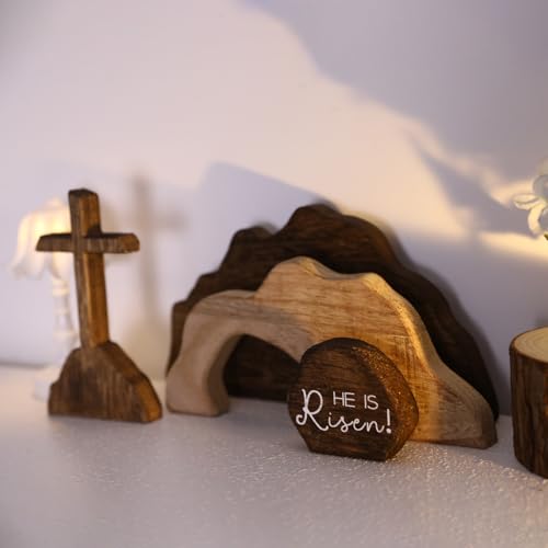Empty Tomb Easter Scene and Cross Decoration Wooden Jesus Nativity Christ Statue Christian Easter Tray Decor for Home Office Tabletop - color: Risen-6 Pcs