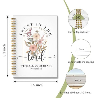 Christian Floral Spiral Notebook, Proverbs 3:5 Bible Journal, Christian Gifts for Women, Trust in the Lord with All Your Heart Scripture Hardcover Notebook Journal, 5.5x8.3 Inch - color: Style 04
