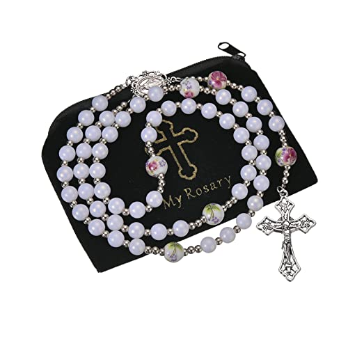 8mm Purple Pearl Beads Catholic Rosary Glass Beaded Acrylic String Necklace White Ceramics Bead Rosary Miraculous Medal Crucifix Cross Gift for Women Girls - color: White