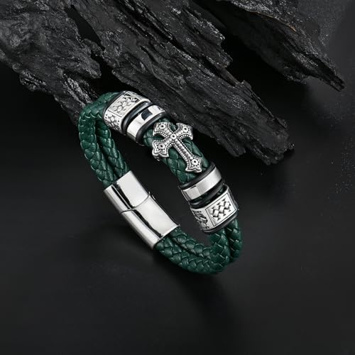 Mens Christian Cross Double Row Leather Bracelet, Religious Braided Cuff Bracelet for Men - color: Green, size: 8.5 inches