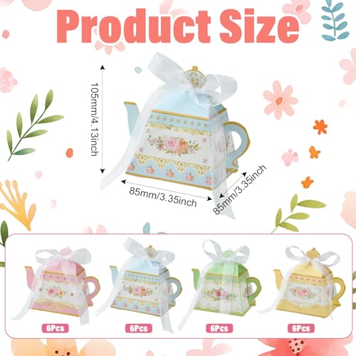 Airssory 3D Teapot Shaped Paper Candy Gift Boxes, 24 Bags (6 Bags/Color, 4 Colors), Flower Printed, with Ribbon, 8.5x8.5x10.5 cm, for Party Favors, Wedding, Birthday, Holiday Treats - color: 3D Teapot Candy Gift Boxes