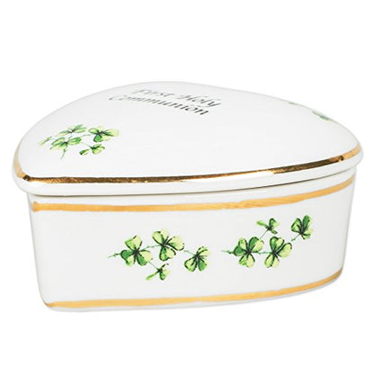 CBE First Holy Communion Irish Shamrocks Porcelain Heart Shaped Keepsake Box
