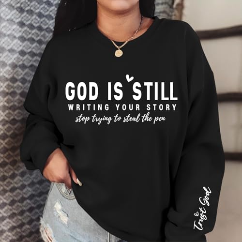 PAIEXILY Christian Crewneck Sweatshirts for Women God Faith Bible Verse Pullover Jesus Religious Long Sleeve Shirts Tops - color: Black, size: Medium